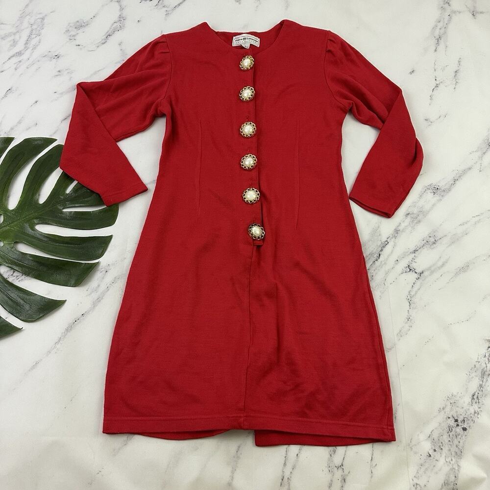 Maggie Lawrence Womens Vintage 90s Sheath Dress Size 6 Red Gold Buttons Knit